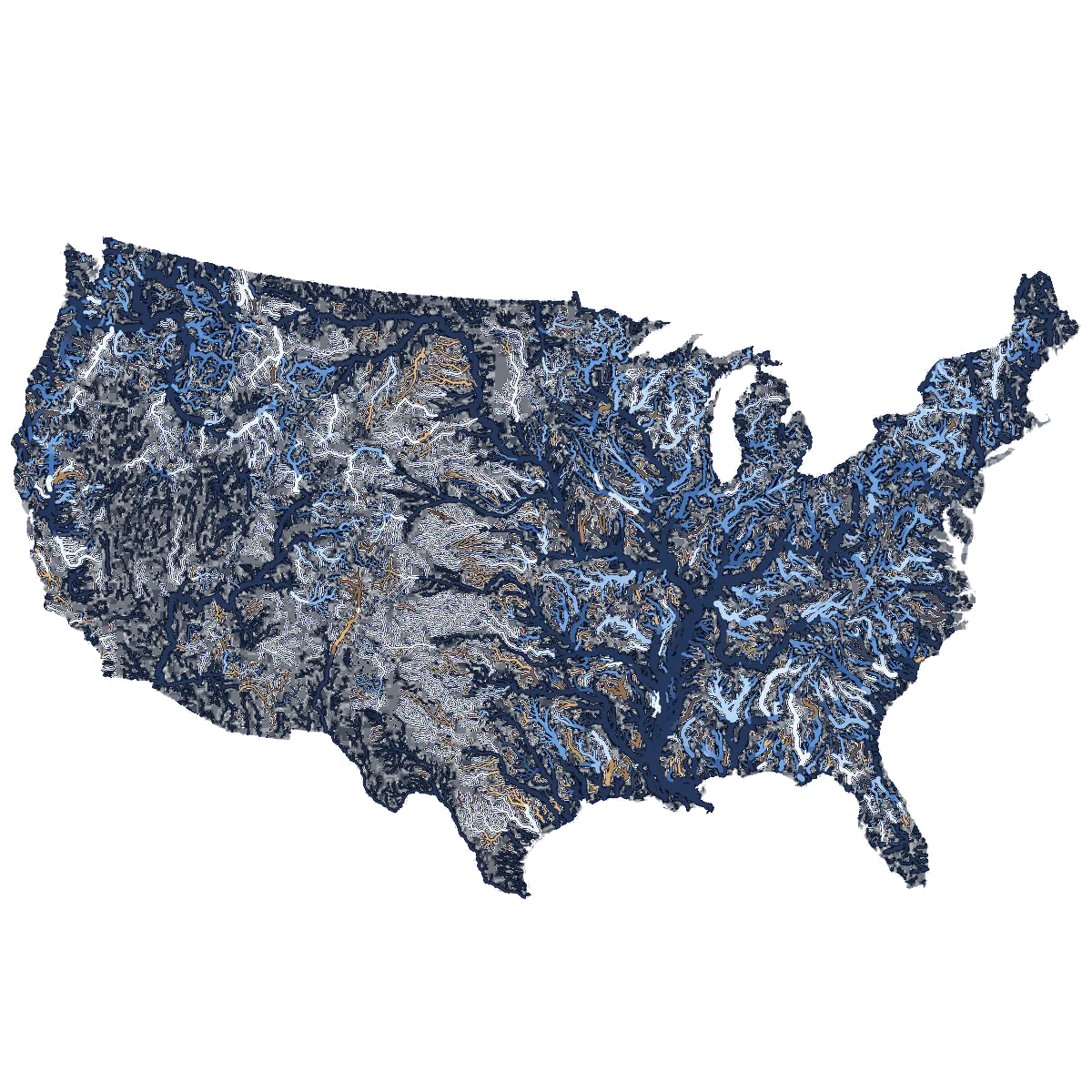 The rivers of the contiguous US, each branch coloured by how much ErrorCastNet improves the National Water Model's 1-day flood forecasts at the USGS gauge just downstream (change in KGE, 4,497 gauges; Tran et al., 2025; HydroRIVERS rivers): bright blue is a large gain, sand is a loss, dim branches have no gauge.