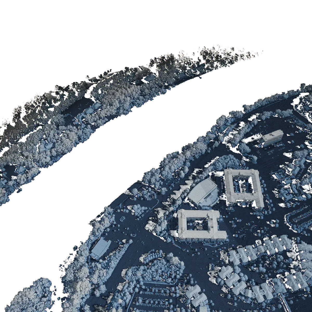 2022 USGS 3DEP lidar points beside the Black Warrior River in Tuscaloosa, Alabama, coloured by height above ground; the river returns no laser pulses and stays dark.
